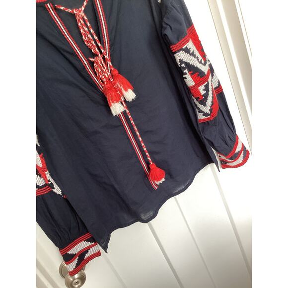Zara embroidered tassel ties nautical Navy boho top blouse size medium vacation - Picture 3 of 10